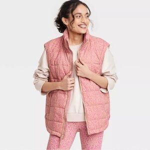 Women's Quilted Pink Leopard Puffer Vest - JoyLab XS New